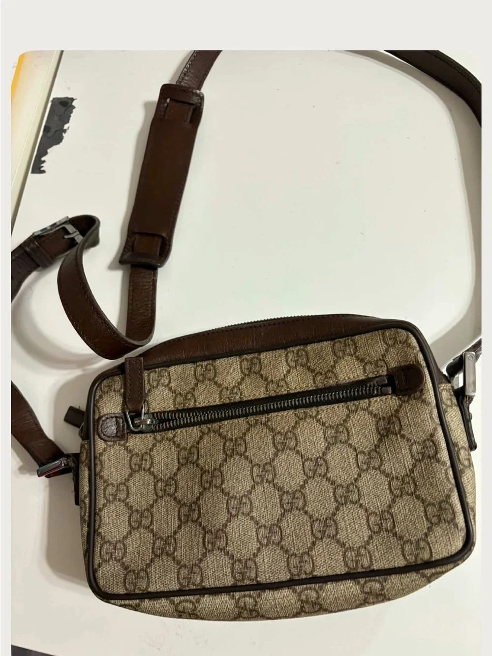 Gucci Brown GG Canvas Crossbody with Green-Red Web Stripe